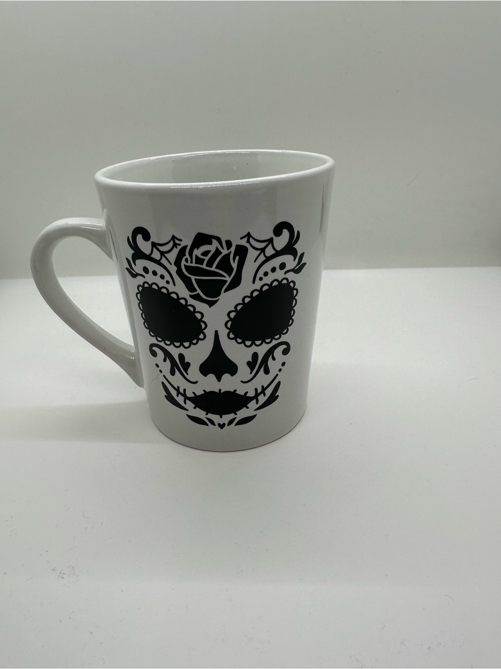 White Ceramic Mug with Black Sugar Skull Design -Dual Designs